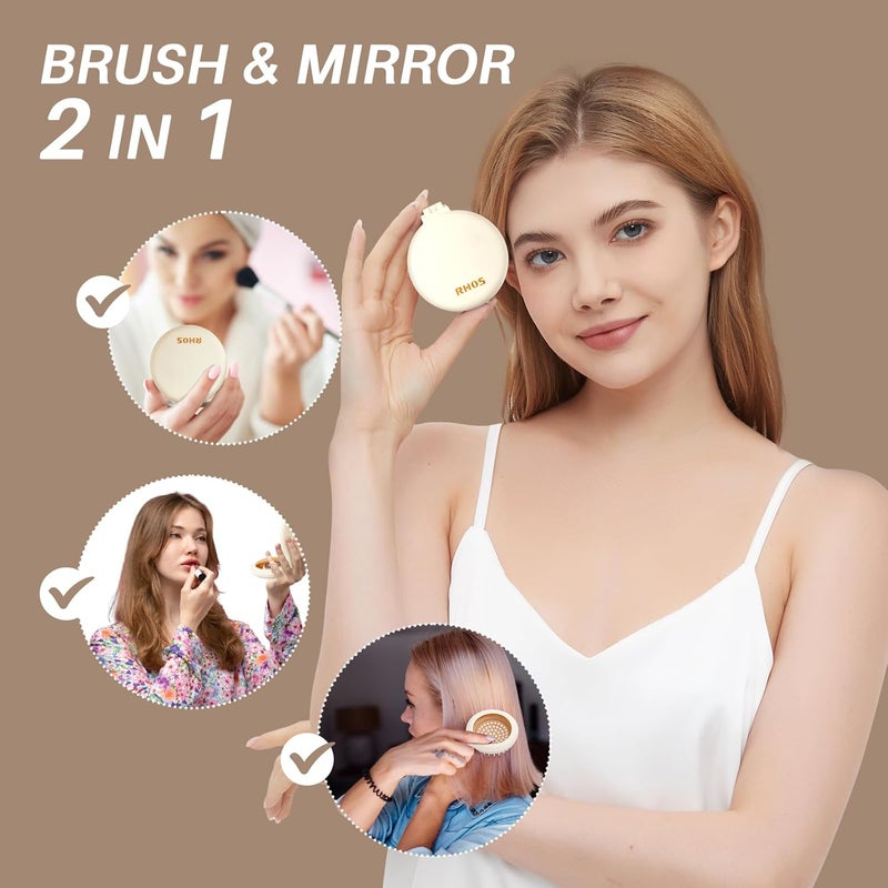 RHOS Compact Foldable Hair Brush with Mirror for Women, Men & Kids - Small Pocket & Portable Travel Brush (Beige) - Image 3